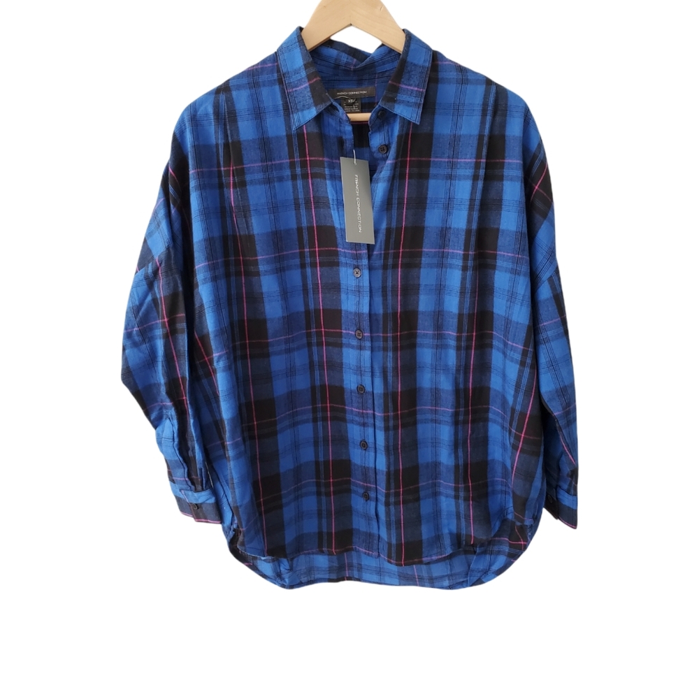 French Connection Blue Plaid Flannel Long Sleeve Button Up Shirt Womens NEW Sz S